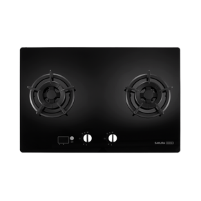 Black glass two-burner gas cooktop with central control knobs and a small display, Sakura brand on the right side