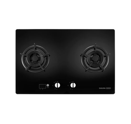Black glass two-burner gas cooktop with central control knobs and a small display, Sakura brand on the right side
