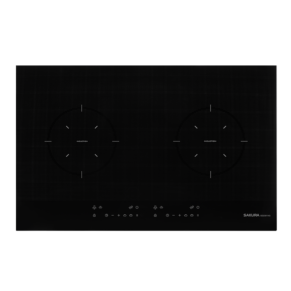 A two-burner induction cooktop with a black glass surface and a slim control panel at the front edge.