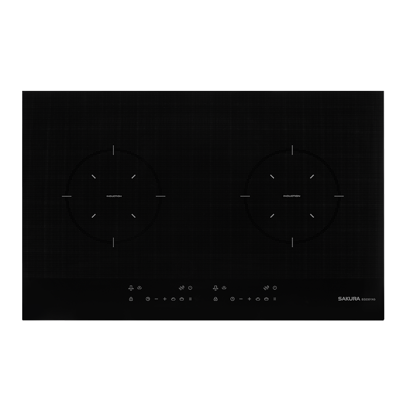 A two-burner induction cooktop with a black glass surface and a slim control panel at the front edge.