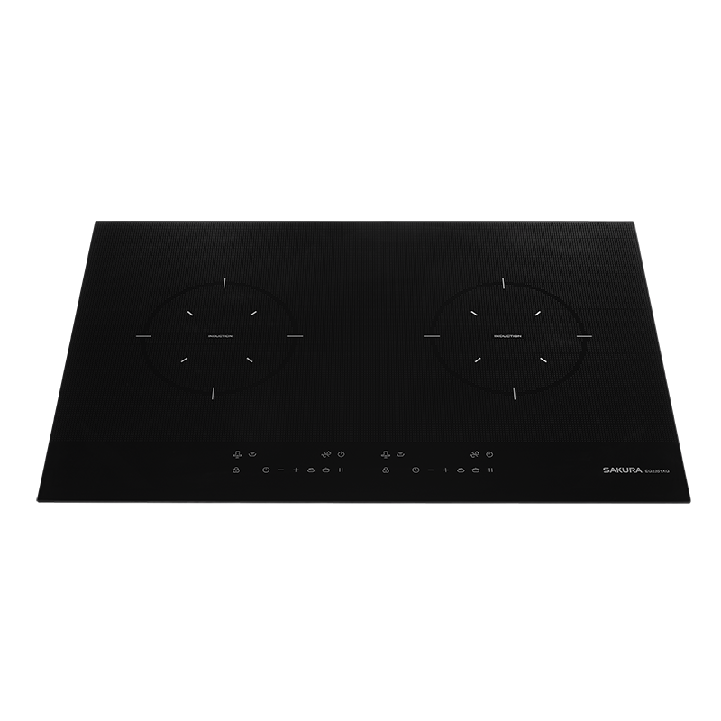 Dual-burner black glass-ceramic induction cooktop with touch controls and brand label Sakura in the corner (top view)
