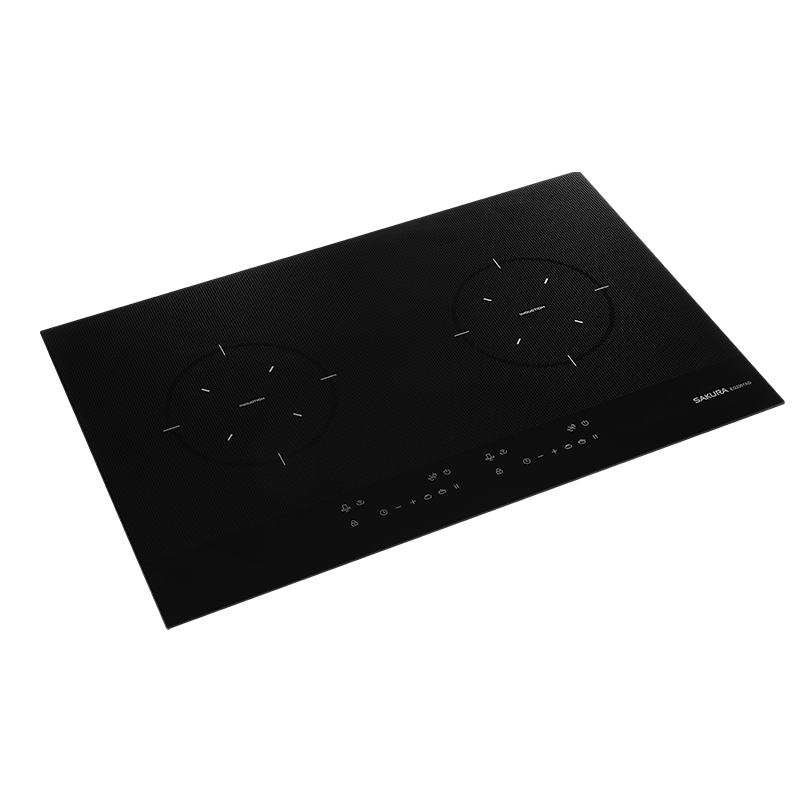 Black glass induction cooktop with two circular burners and a touch control panel along the front edge.