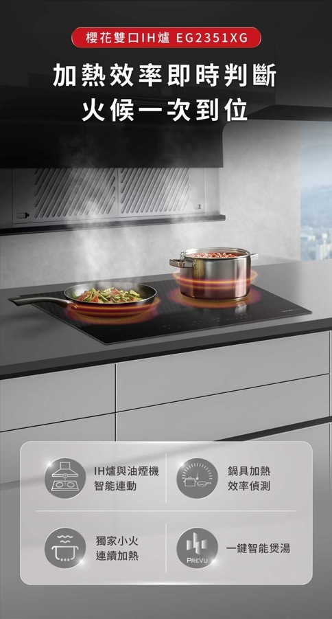 Modern kitchen with a two-burner IH induction cooktop; two pots steaming, showcasing a smart heating system and live efficiency indicators (EG2351XG).