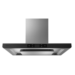 Stainless steel chimney range hood with a black control panel and built-in light, viewed from below.