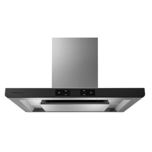 Stainless steel chimney range hood with a black control panel and built-in light, viewed from below.