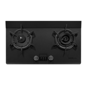 Black two-burner gas cooktop with front control knobs and a small central digital panel (Sakura brand).