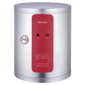 Cylindrical electric water heater with a silver body, red front panel labeled SAKURA, and a pressure gauge on the left.