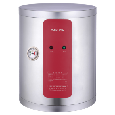 Cylindrical electric water heater with a silver body, red front panel labeled SAKURA, and a pressure gauge on the left.