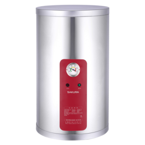 Cylindrical silver electric water heater with a red front panel that has a gauge and controls on the center.