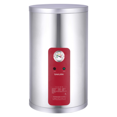 Cylindrical silver electric water heater with a red front panel that has a gauge and controls on the center.