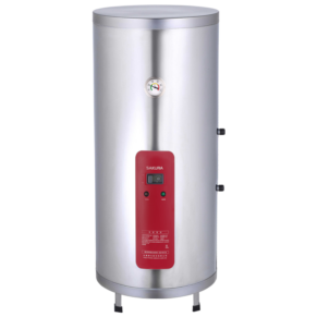 Vertical stainless steel water heater with a red control panel and a top-mounted pressure gauge.