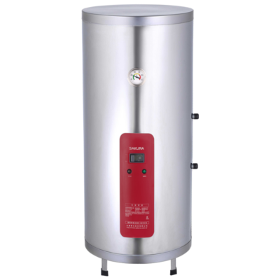 Vertical stainless steel water heater with a red control panel and a top-mounted pressure gauge.