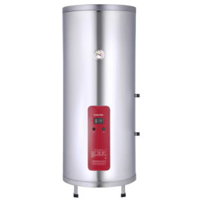 Tall cylindrical electric water heater with a red front control panel and a round temperature gauge near the top.
