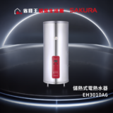 Electric storage water heater standing upright with a red front control panel, model EH3010A6, set against a dark futuristic background.