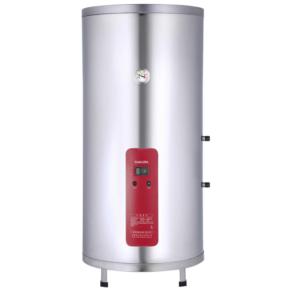 Tall silver cylindrical water heater with a red control panel labeled SAKURA and a small pressure gauge on the front.
