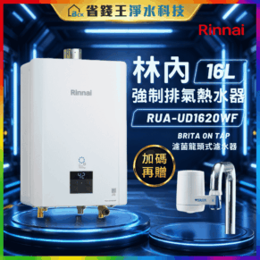 Advertisement banner featuring a white Rinnai water heater against a neon blue background with Chinese promotional text and model details (16L).