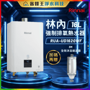Promotional banner featuring a white Rinnai water heater against a futuristic blue backdrop with Chinese text and 16L label.