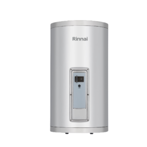 Rinnai tall cylindrical water heater with front control panel panel and steel finish
