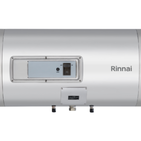 Silver Rinnai tank-style water heater with a metal control panel and inlet/outlet fittings visible on the front panel
