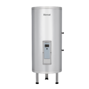 Tall silver Rinnai tank-style water heater standing on four legs with a front control panel window and display panel in the center of the unit.