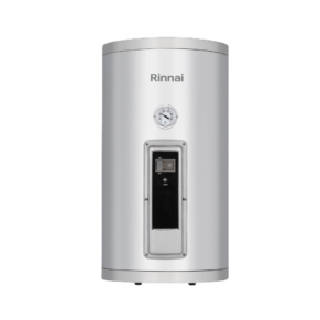Rinnai silver vertical water heater with built-in control panel and gauge on a wall-mounted unit.