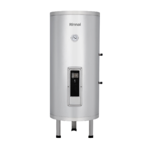 Rinnai tank-style water heater standing upright on four legs with a front control panel.